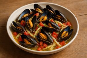 Zomerse mosselen met witte wijn, tomaat en venkel