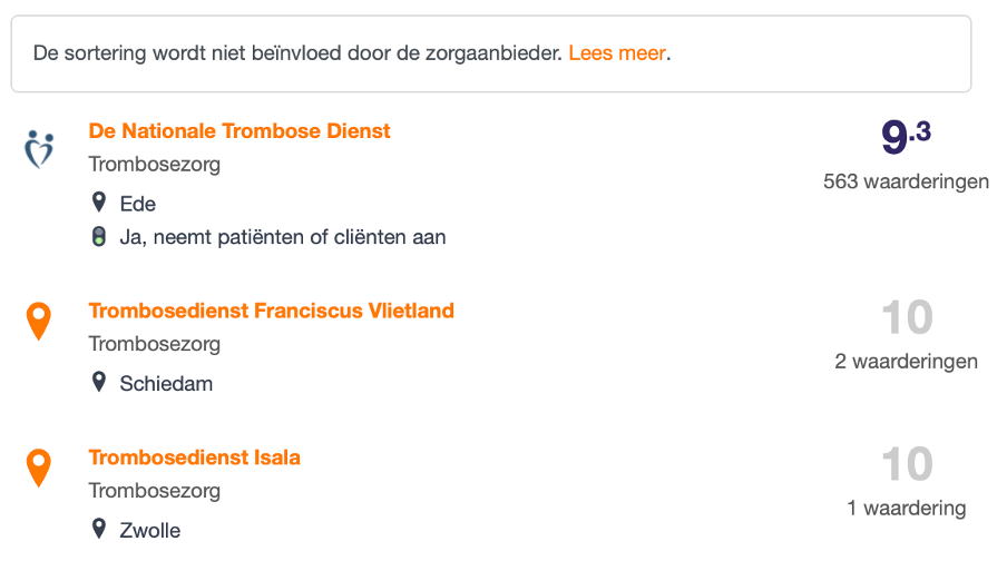 Hoogst gewaardeerde trombosediensten op Zorgkaart Nederland