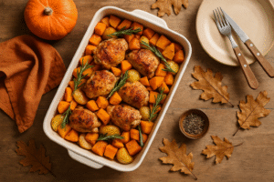 Vitamine K-arm recept - Herfstige ovenschotel met pompoen, kip en rozemarijn