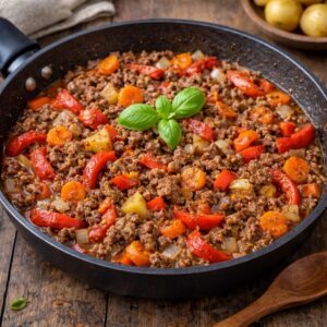 Vitamine K arm recept winterse gehaktpan met paprika, wortel en ui De Nationale Trombose Dienst normaal