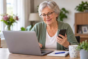 Senior vrouw met laptop en smartphone • De Nationale Trombose Dienst